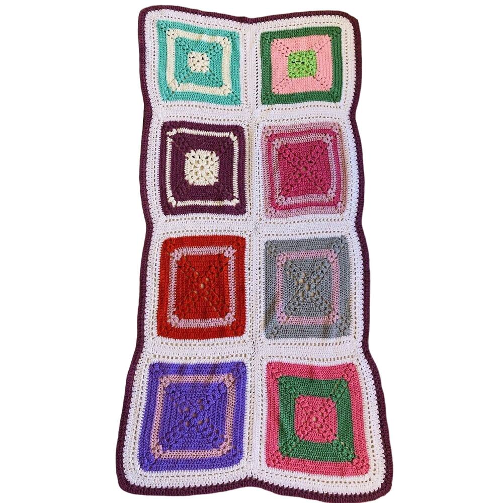 Handmade Afghan Lap Blanket Throw Granny Square 33 x 69" Colorful Boho Vintage